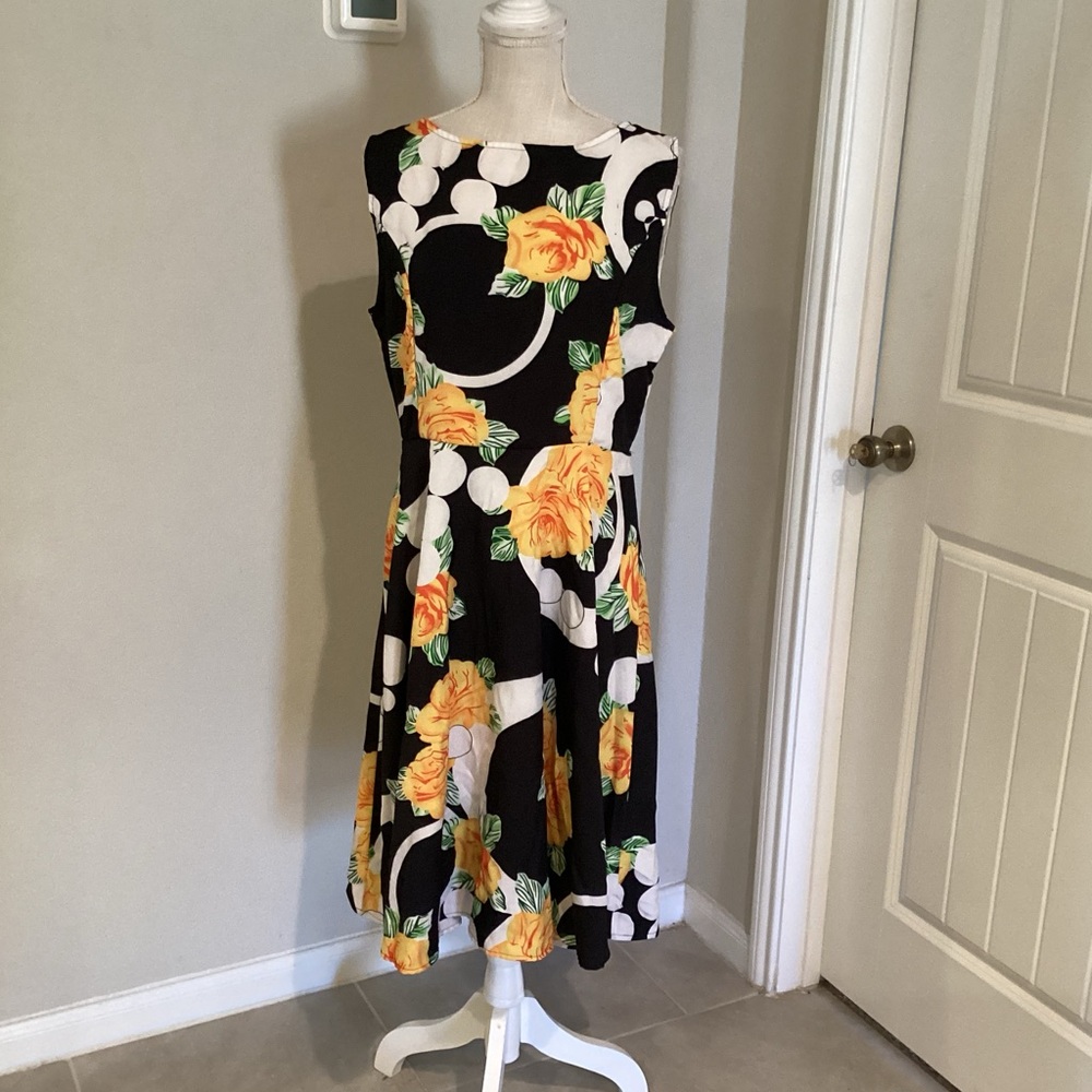 Chic Black Midi Dress with Yellow Floral Design